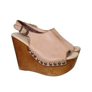 Jeffrey Campbell Snick Tan Leather Studded Wooden Wedge Heel Clogs 8